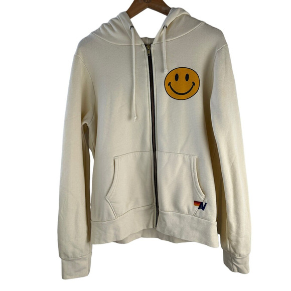 Aviator Nation Smiley Face Full Zip Hoodie Jacket Cream Long Sleeve Size Large - Picture 15 of 15